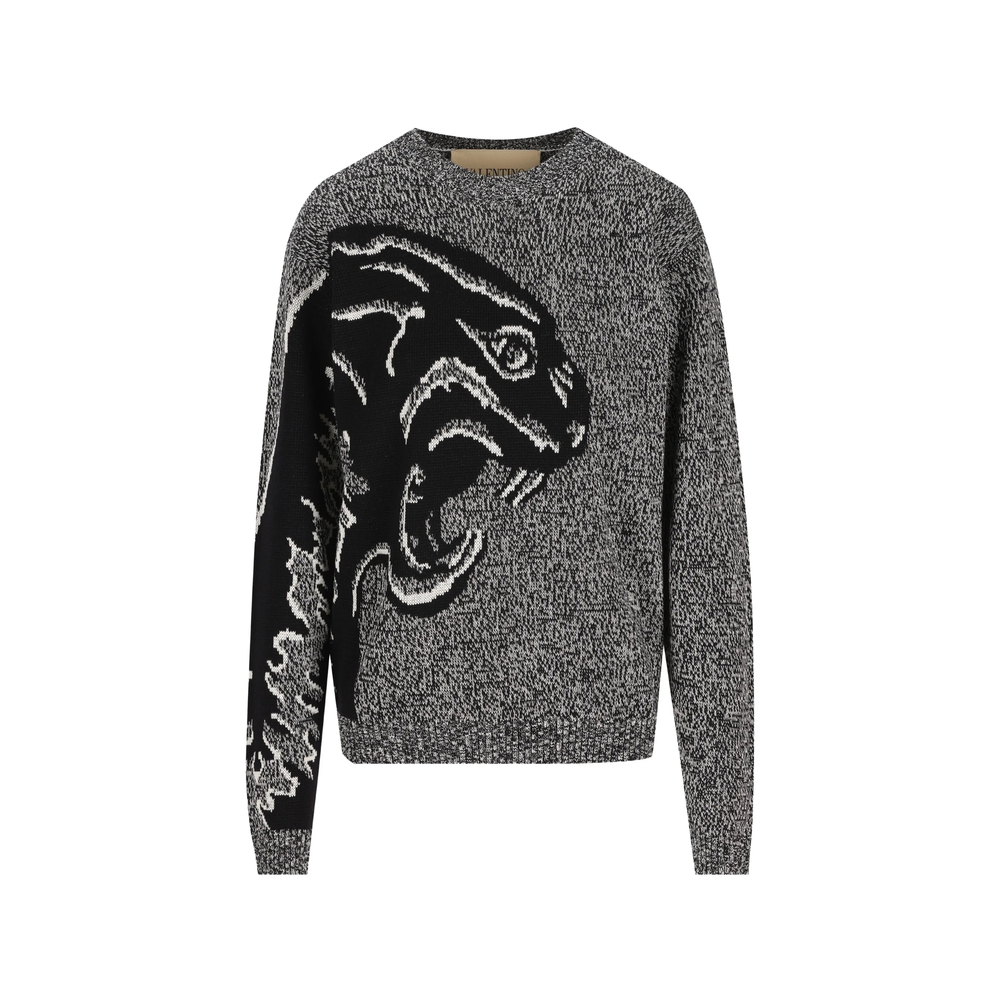 Cotton And Mouliné Wool Jumper With Panther Jacquard