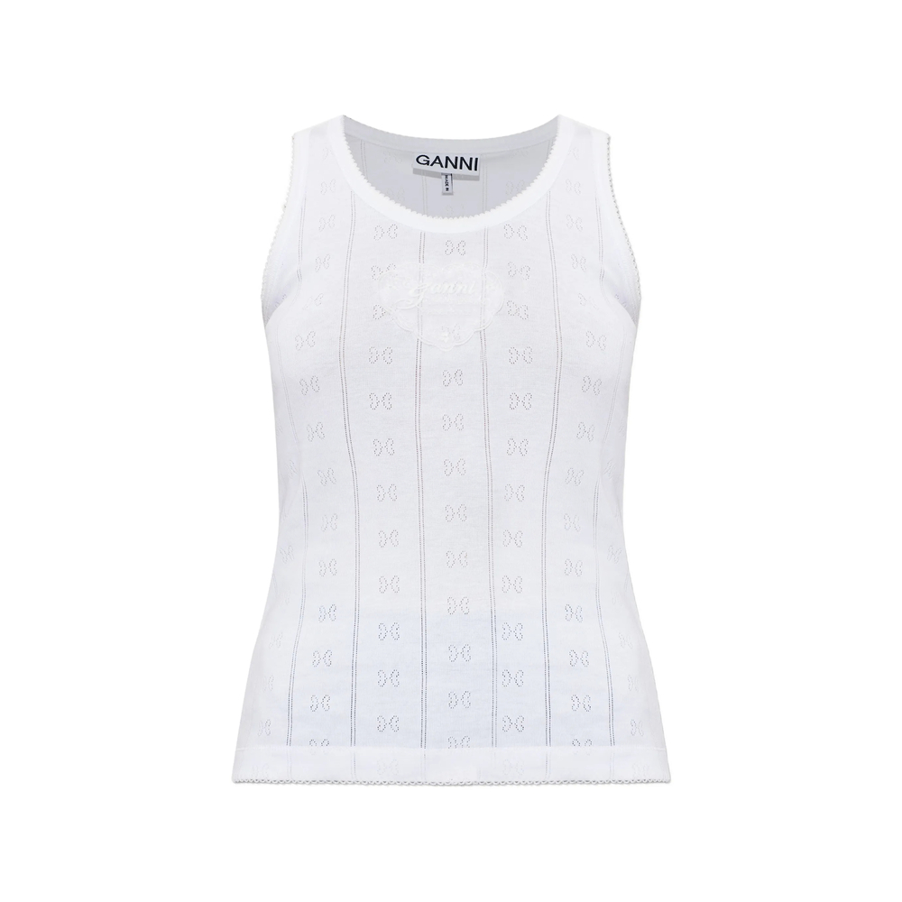 Ganni Logo-patch Pointelle-knit Top