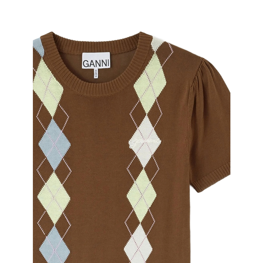Argyle-Pattern Puff-Sleeve T-Shirt