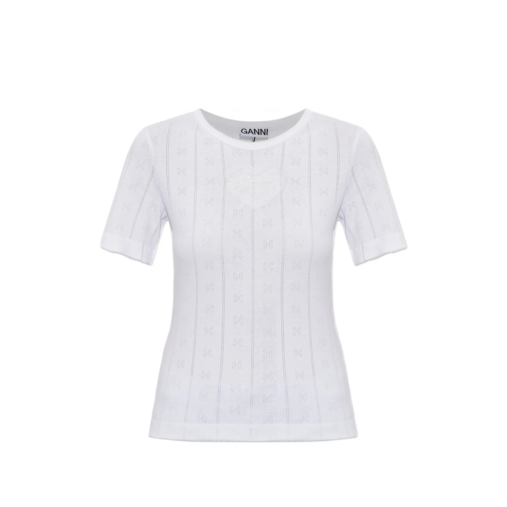 Ganni Pointelle-knit Logo-patch T-shirt