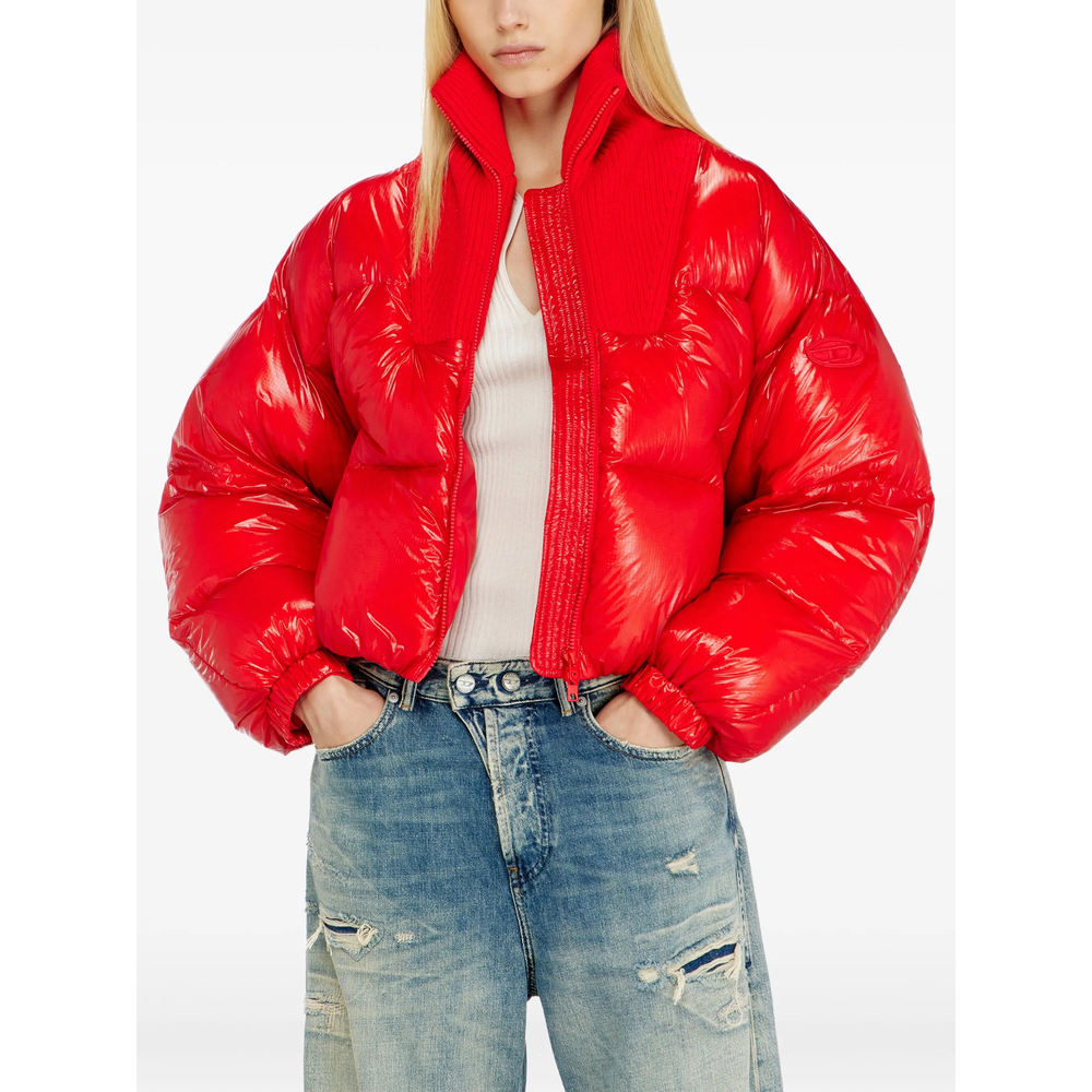Down Puffer Jacket In Ripstop With Knitted Collar