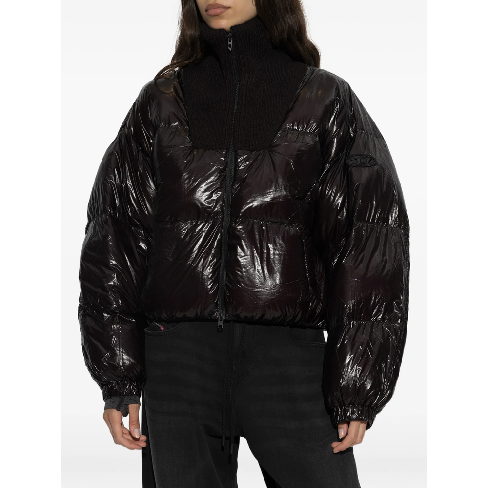 Down Puffer Jacket In Ripstop With Knitted Collar