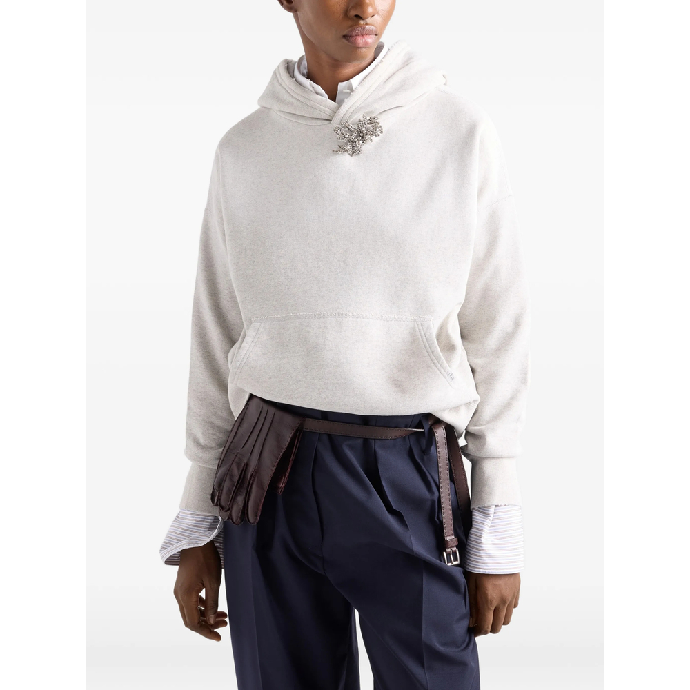 Cotton Fleece Hoodie With Jewel Brooch