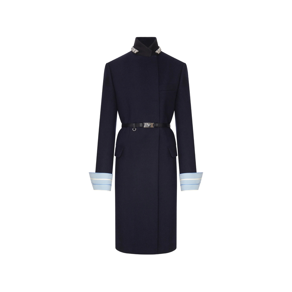 Prada Long Wool Coat With Belt And Jewel Collar In Blue