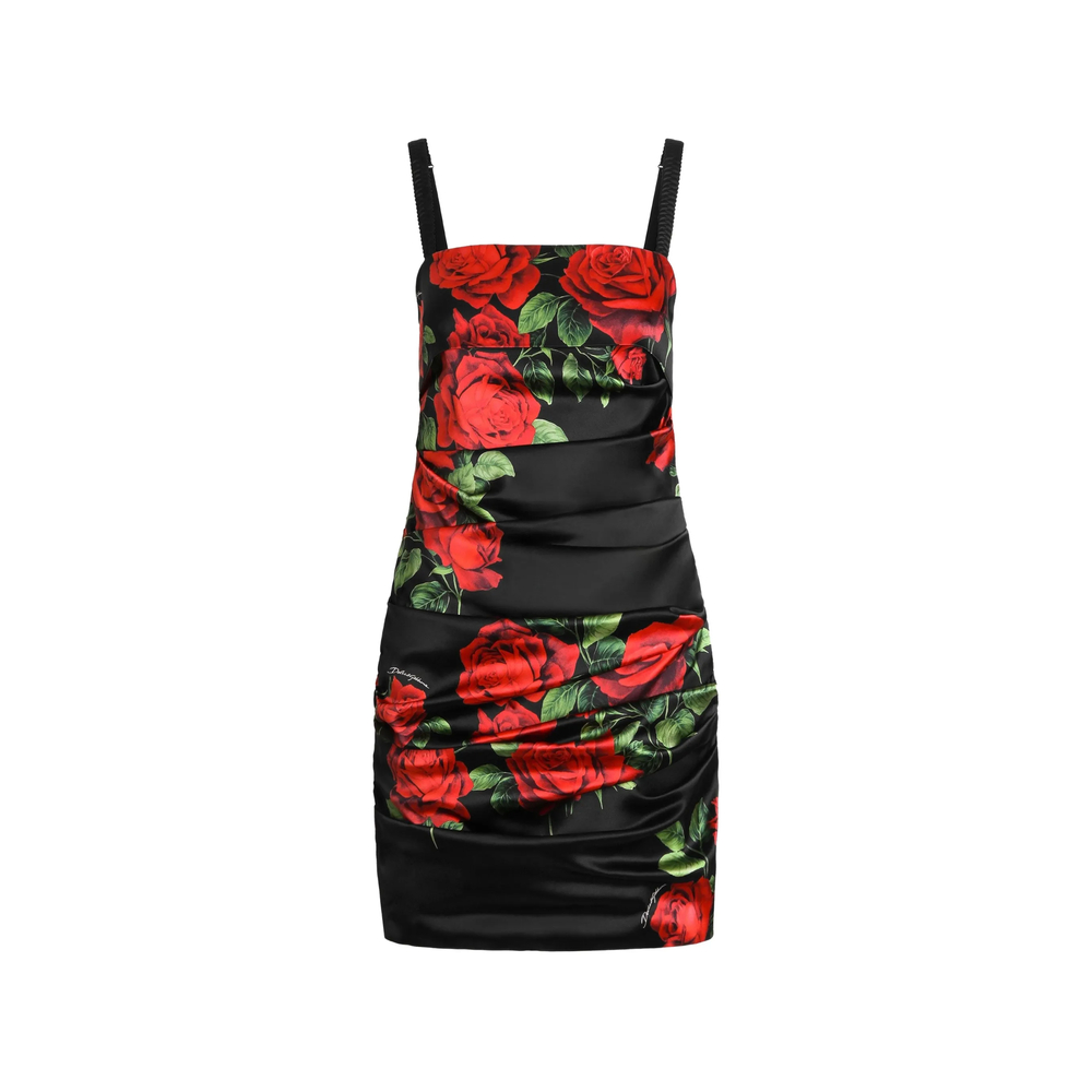Dolce & Gabbana Rose-print Satin Mini Dress In Black/red