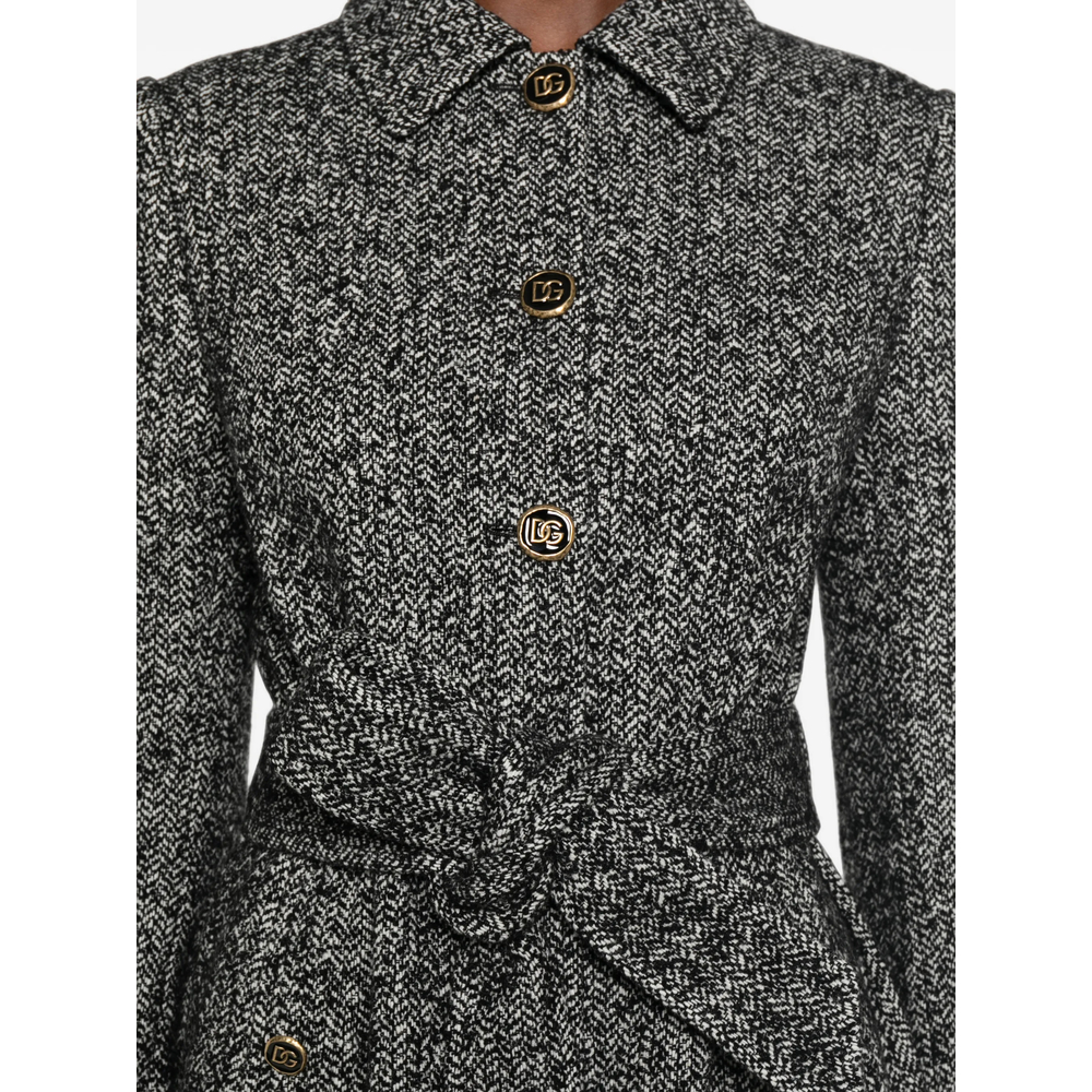 Herringbone-Pattern Belted Single-Breasted Coat