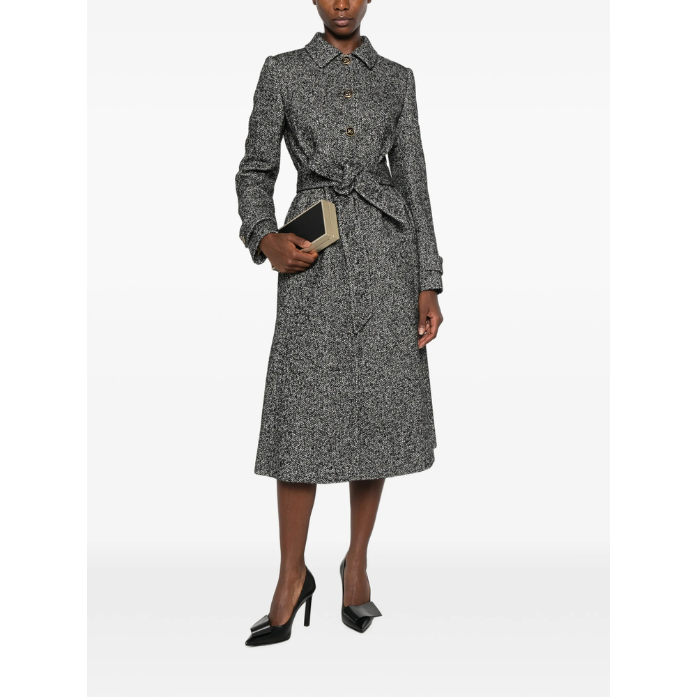 Herringbone-Pattern Belted Single-Breasted Coat