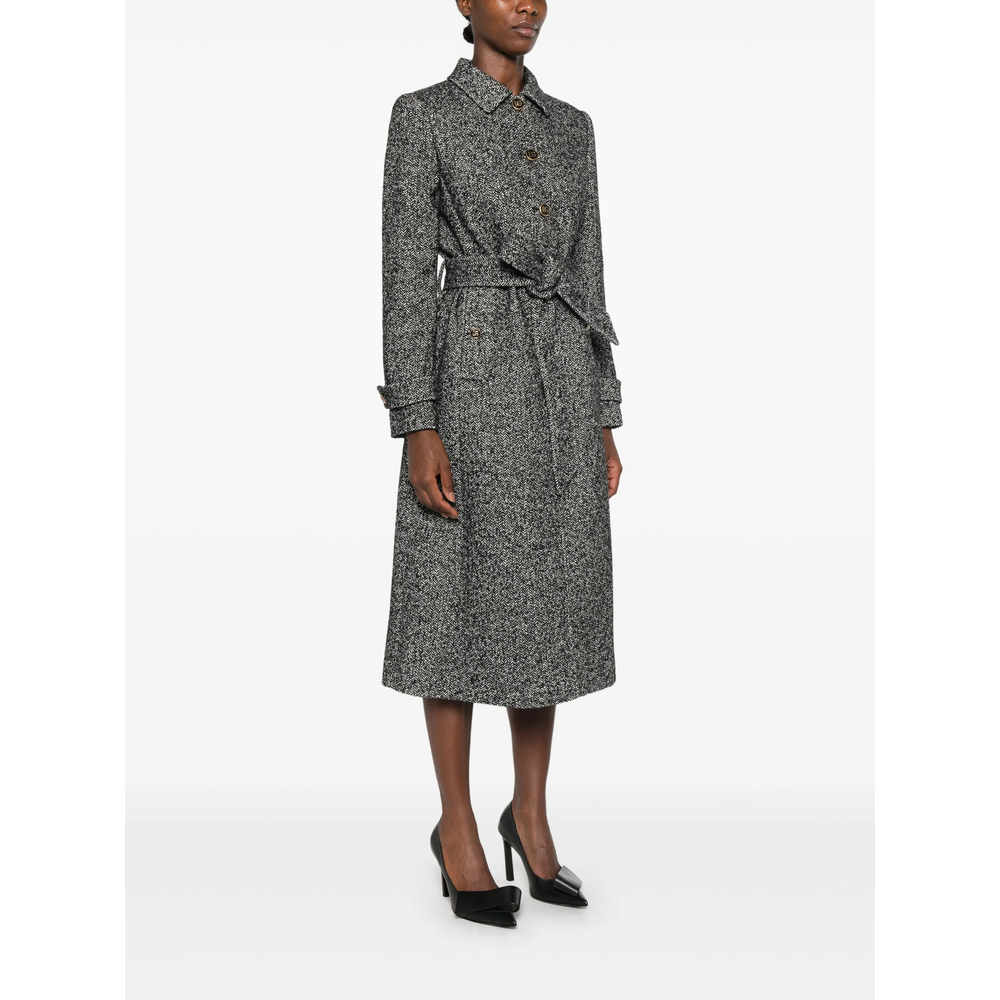 Herringbone-Pattern Belted Single-Breasted Coat