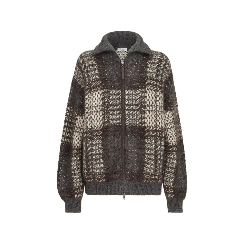 Brunello Cucinelli Dazzling Tartan Double Knit Outerwear Jacket In Mohair, Virgin Wool And Cashmere With Shiny Zipper Pull