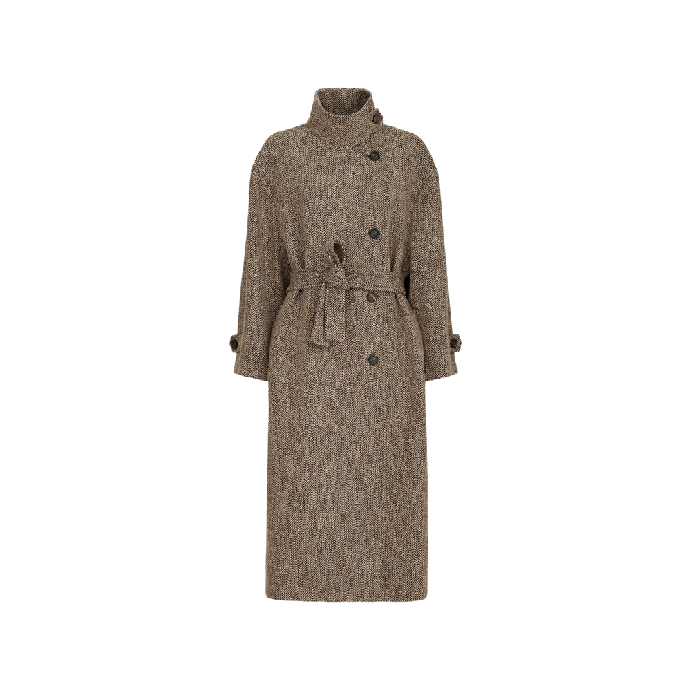 Brunello Cucinelli Sparkling Virgin Wool Chevron Belted Coat With Monili