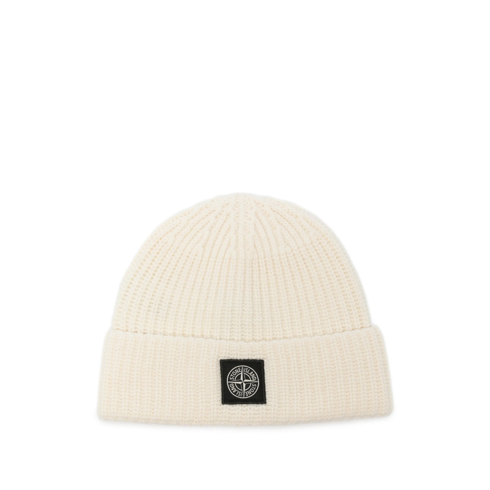 Stone Island N100012 Light RWS Geelong Wool Ribbed Knit Beanie With Compass Logo Patch