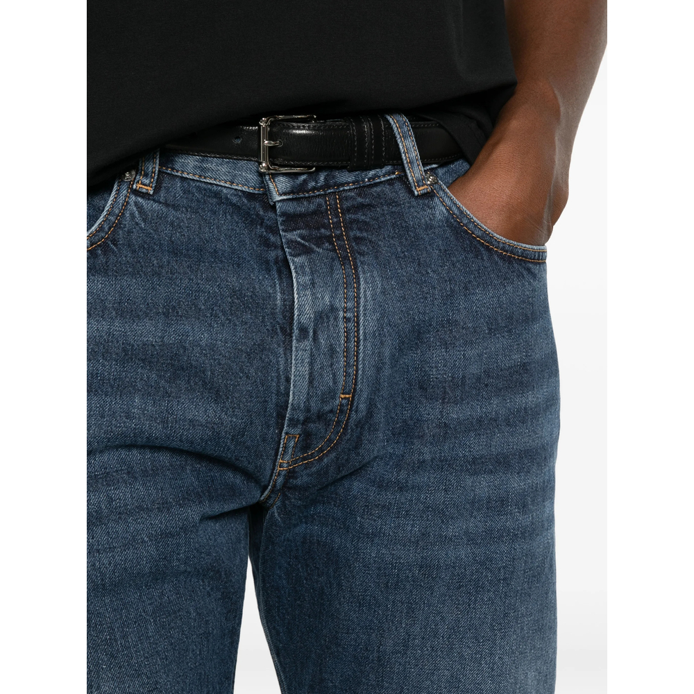 Straight Fit Blue Jeans With Raw Details