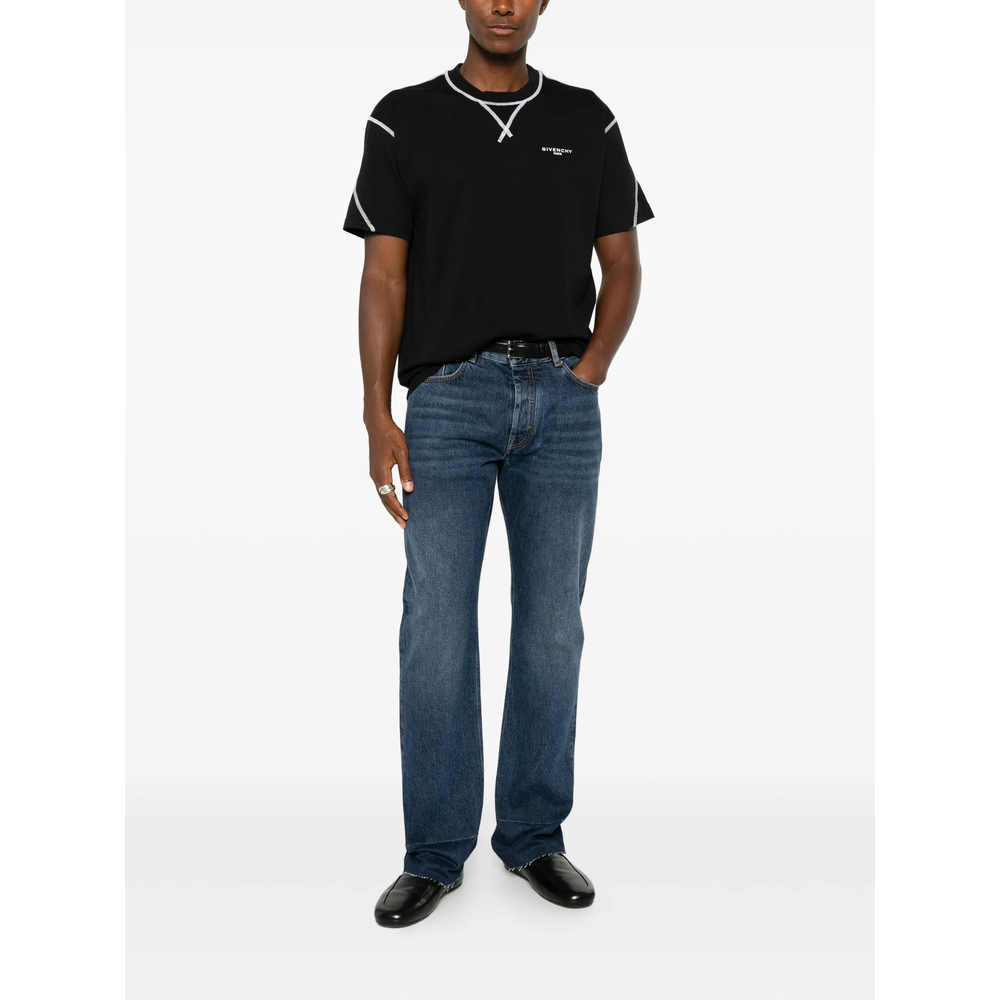 Straight Fit Blue Jeans With Raw Details