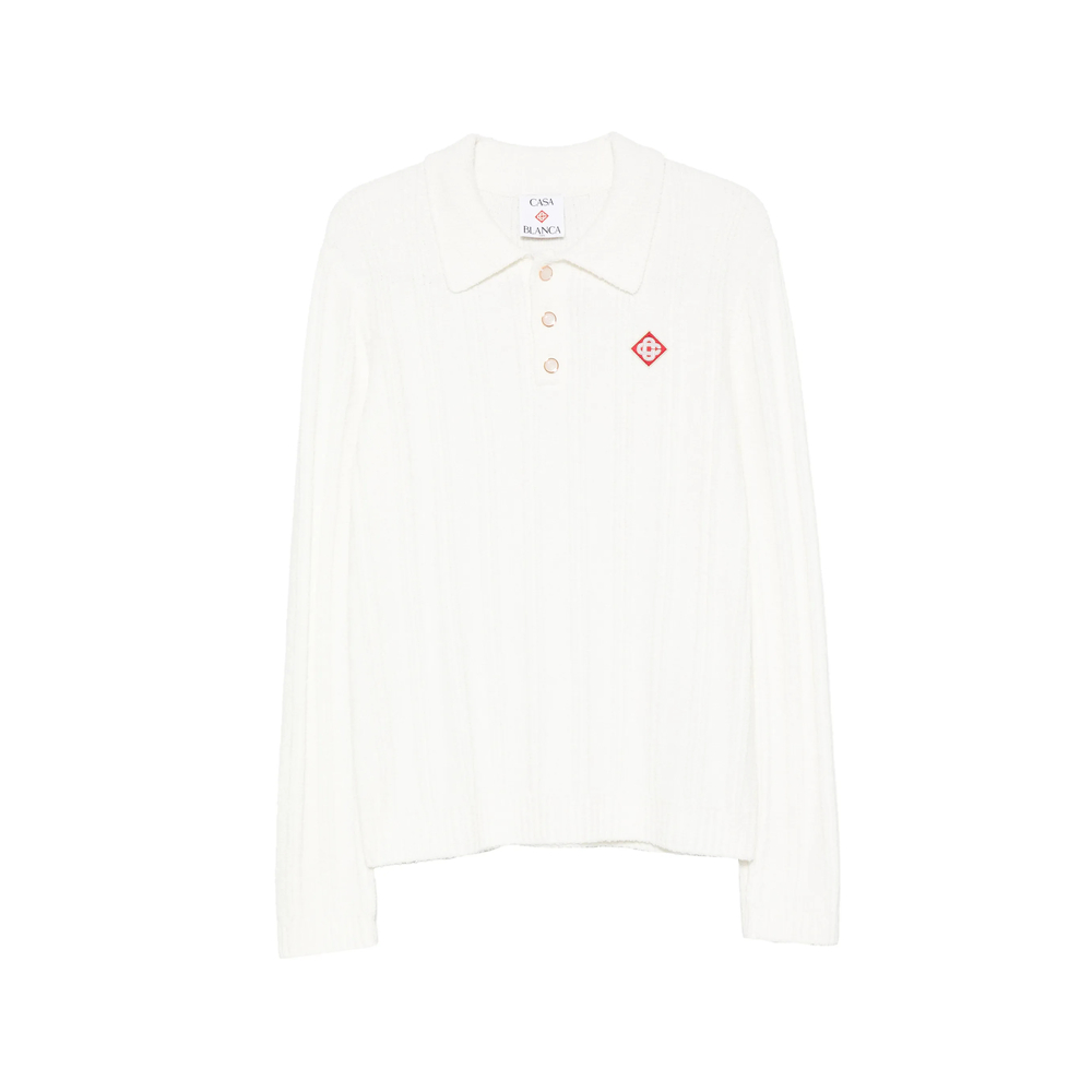 White Boucle Long Sleeve Polo Shirt