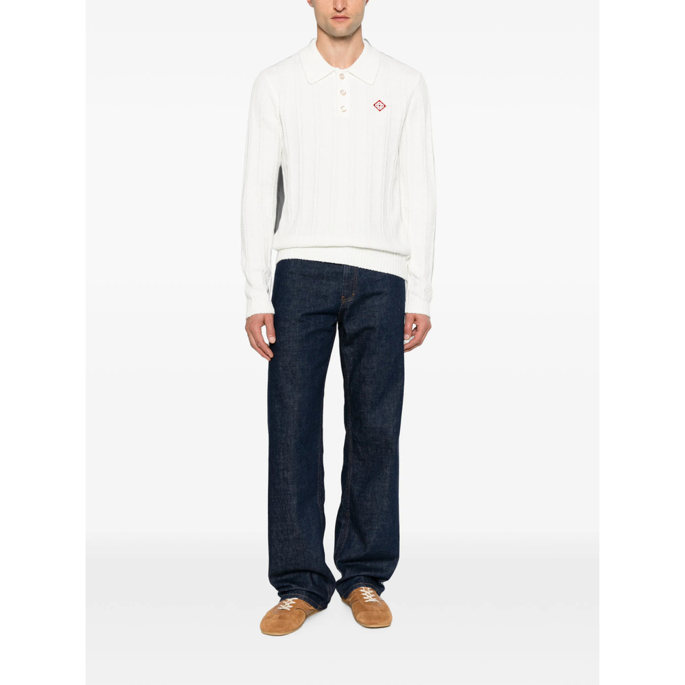 White Boucle Long Sleeve Polo Shirt