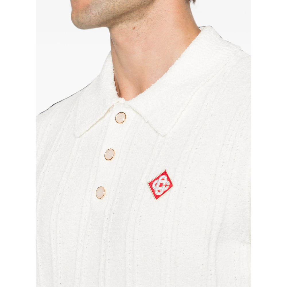 White Boucle Long Sleeve Polo Shirt
