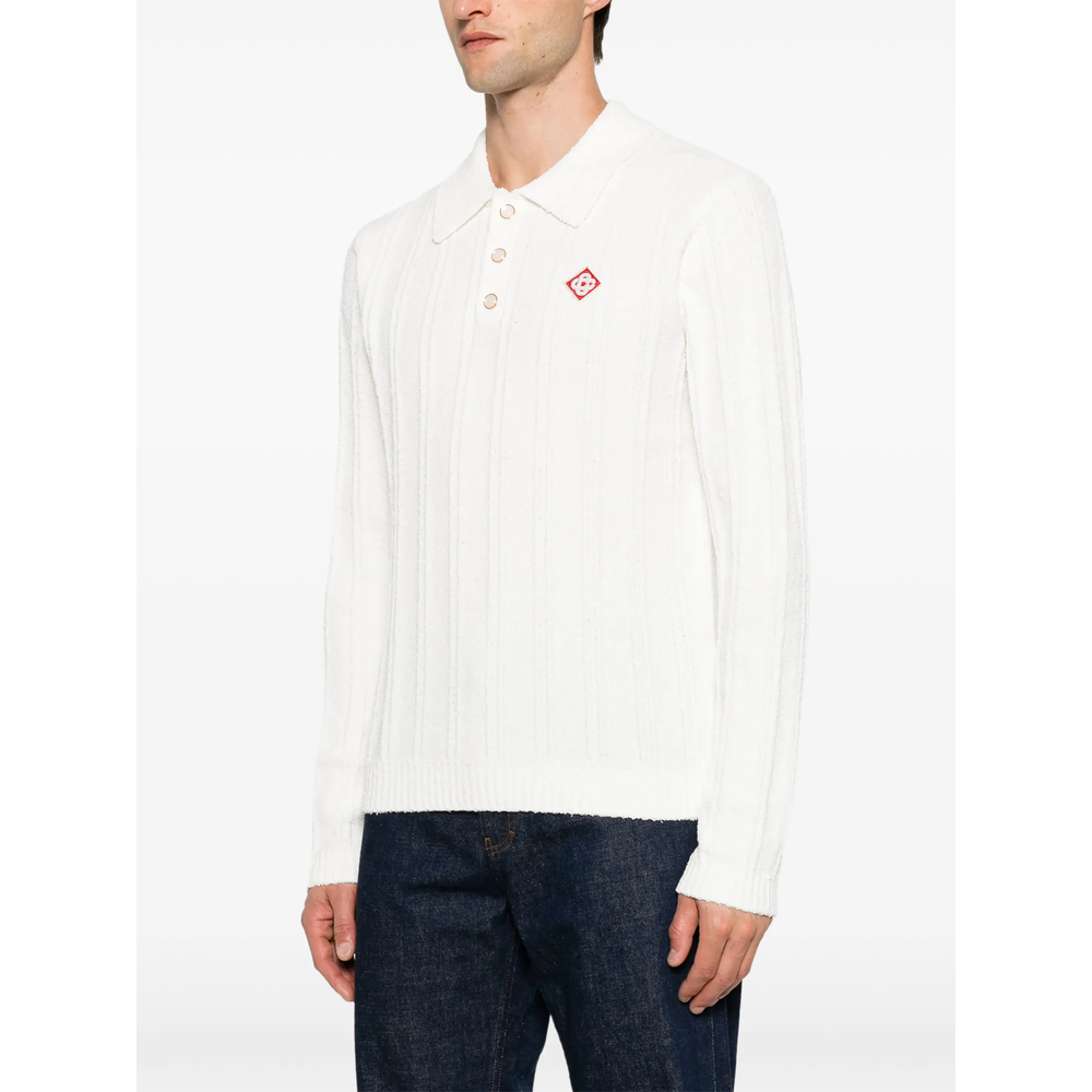 White Boucle Long Sleeve Polo Shirt