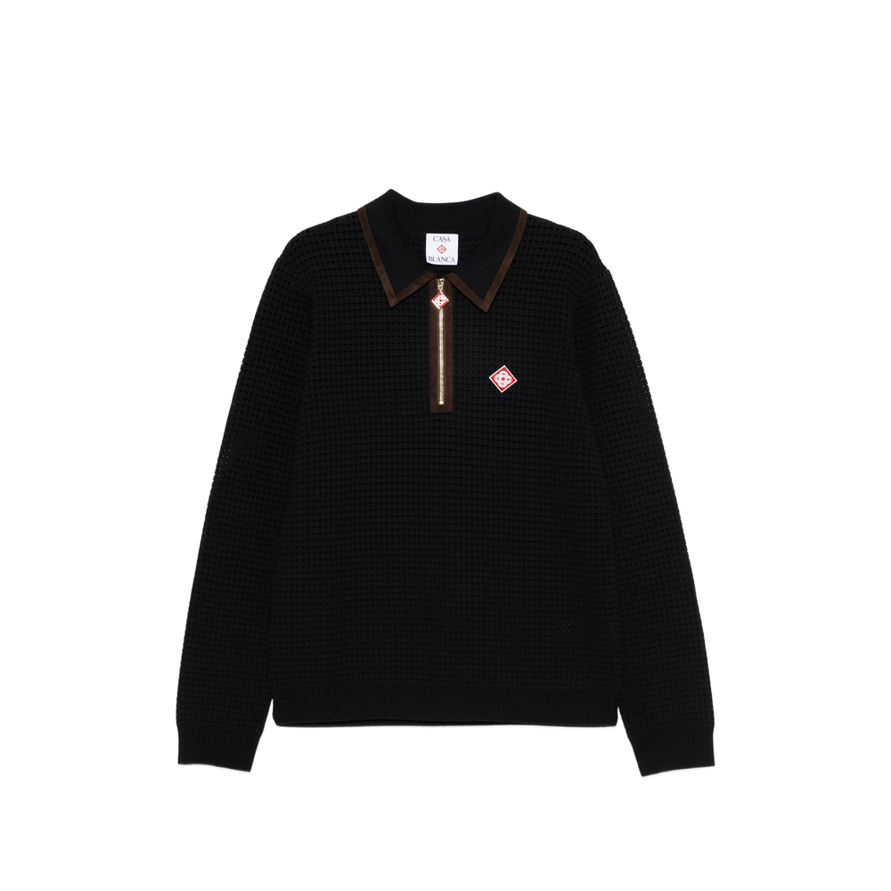 Navy Wool Waffle Stitch Long-Sleeve Polo Shirt