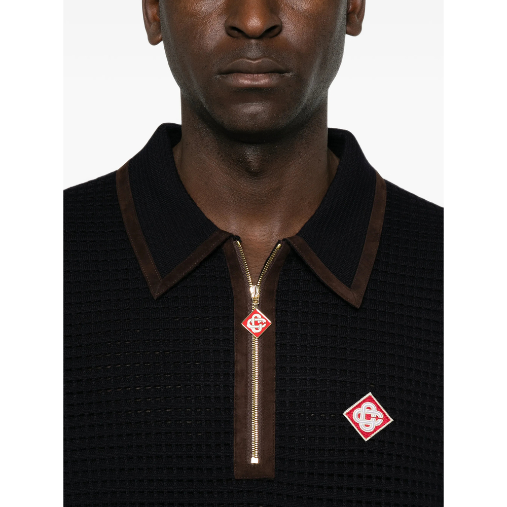 Navy Wool Waffle Stitch Long-Sleeve Polo Shirt