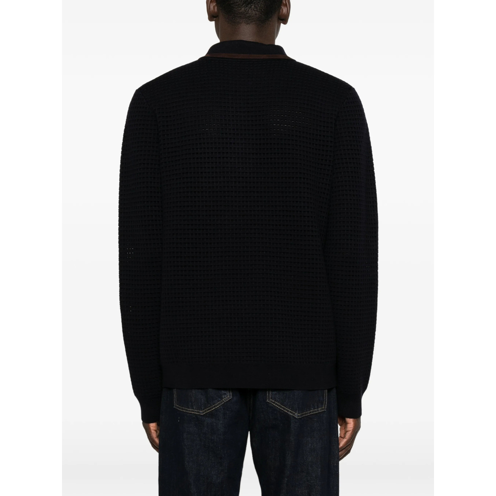 Navy Wool Waffle Stitch Long-Sleeve Polo Shirt