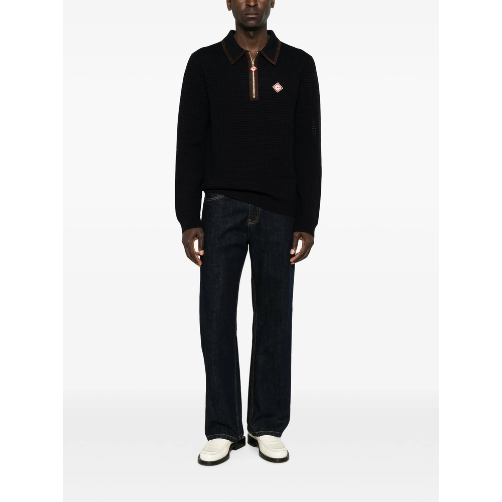 Navy Wool Waffle Stitch Long-Sleeve Polo Shirt