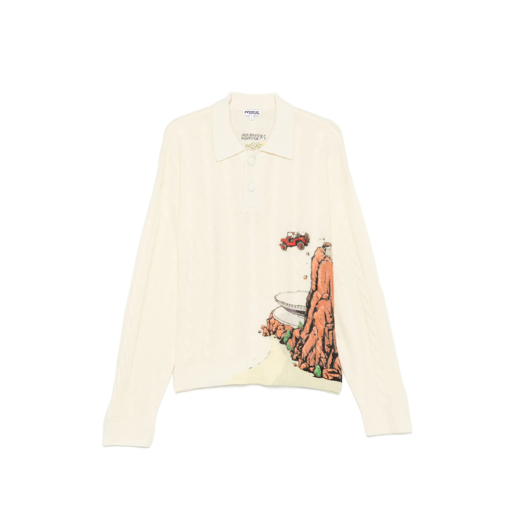 Cable-Knit Graphic-Print Polo Shirt