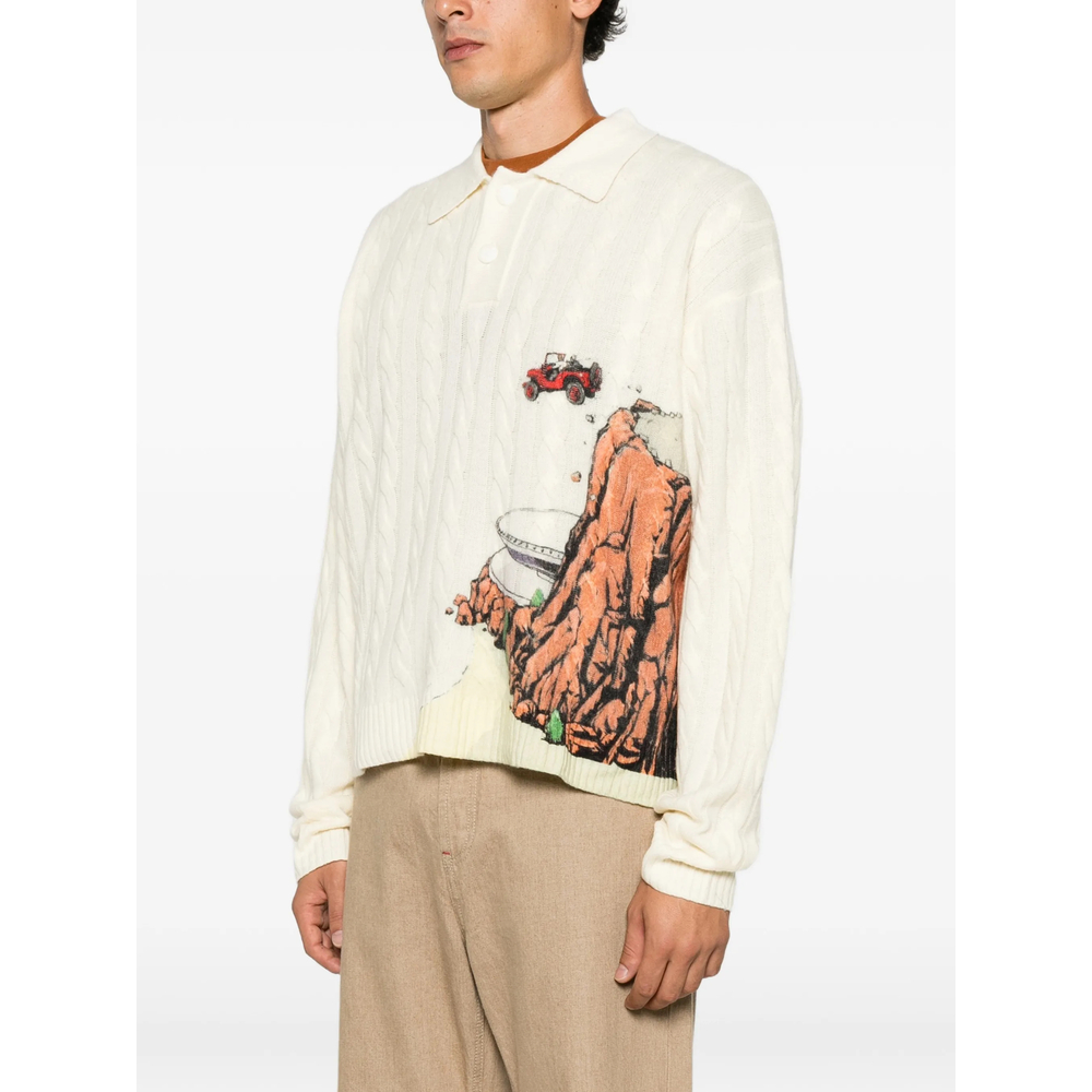 Cable-Knit Graphic-Print Polo Shirt