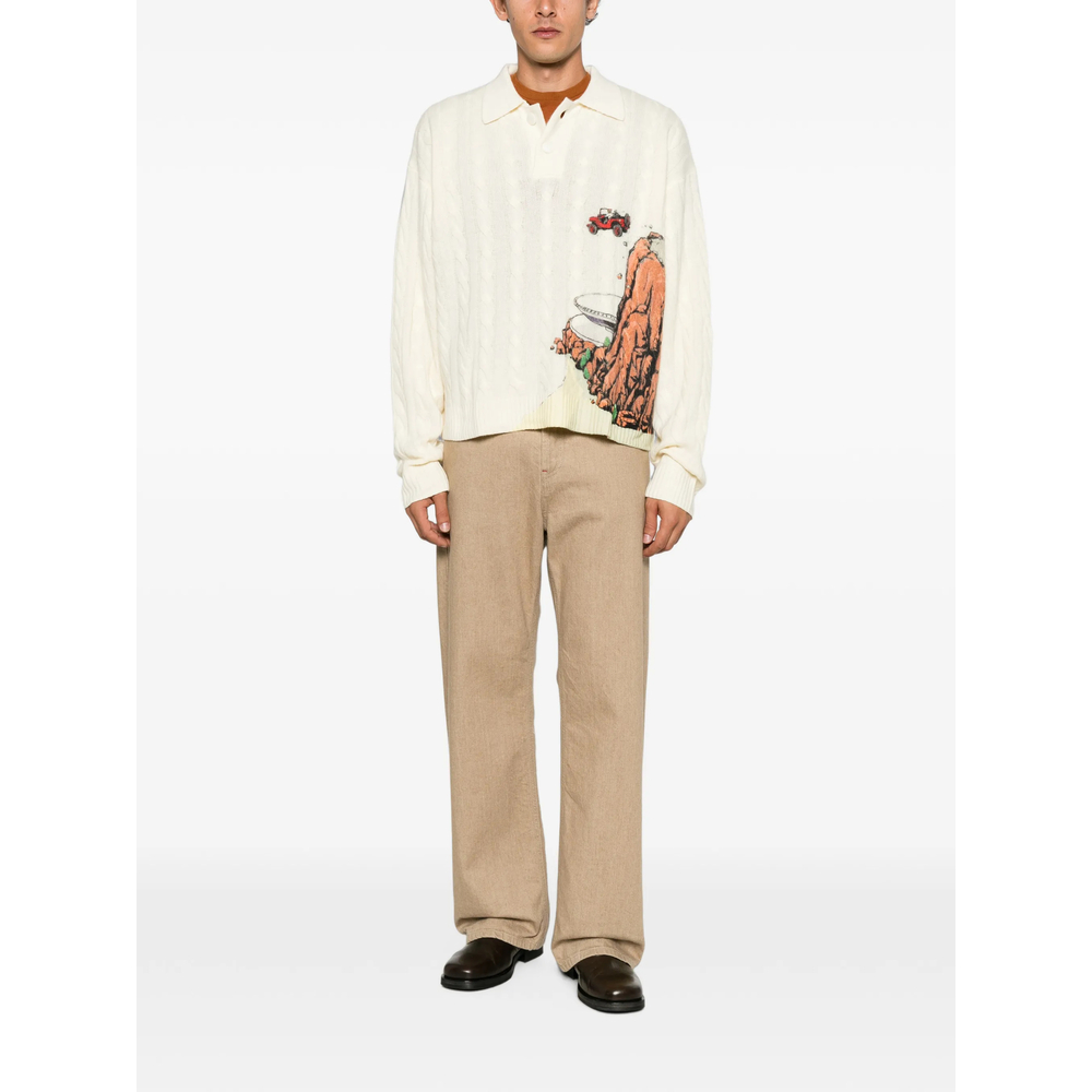 Cable-Knit Graphic-Print Polo Shirt