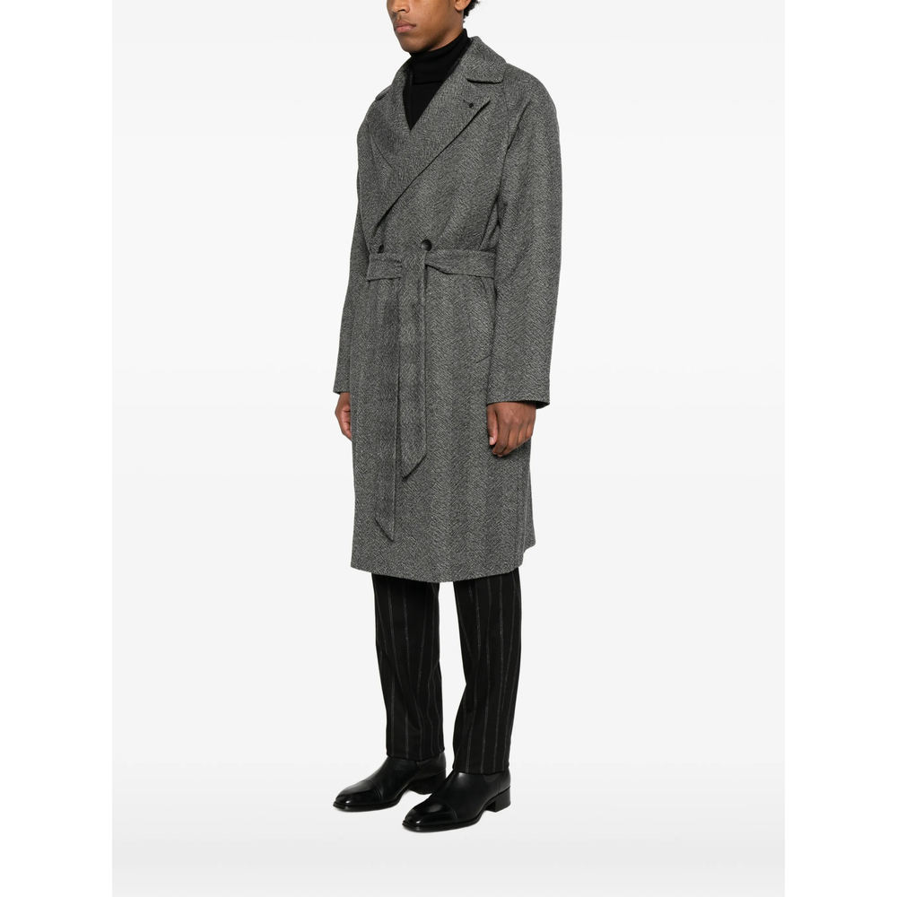 Herringbone-Pattern Belted Coat