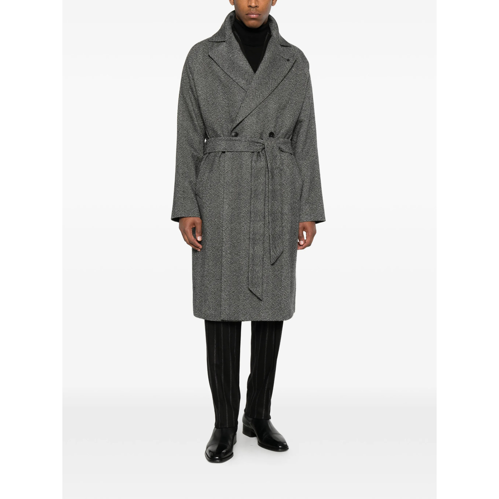 Herringbone-Pattern Belted Coat
