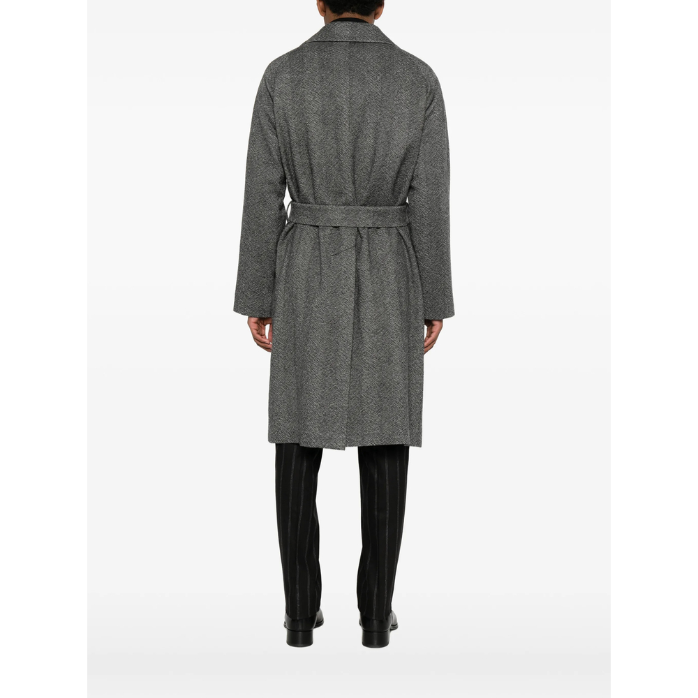 Herringbone-Pattern Belted Coat
