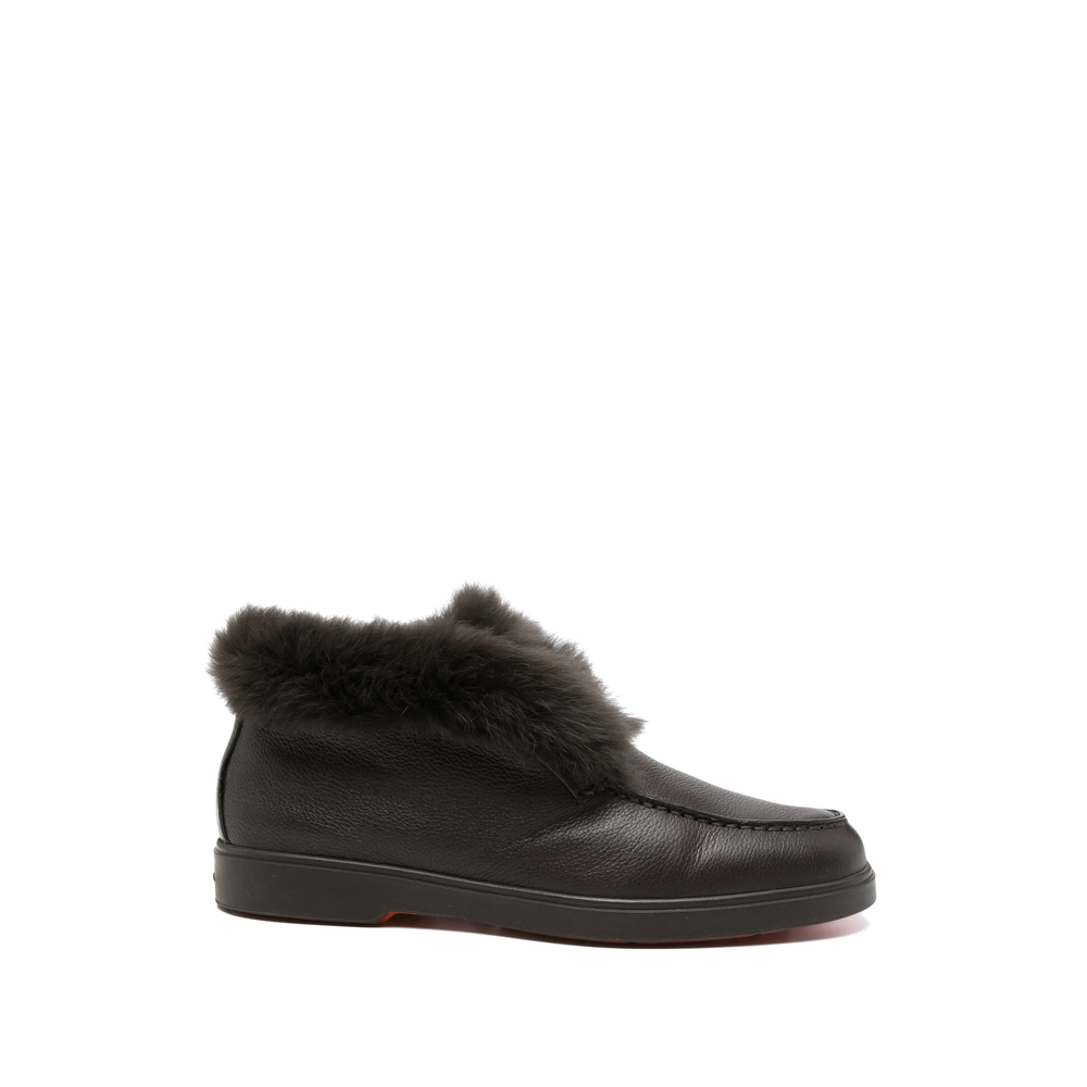 Santoni Shearling-trim Pebbled Leather Loafers