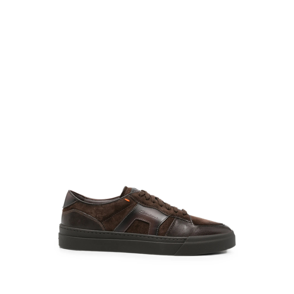 Santoni Suede-panelled Leather Sneakers