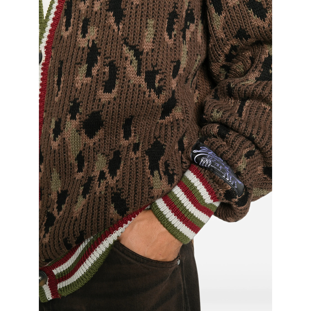 Leopard-Pattern Striped-Trim Cardigan