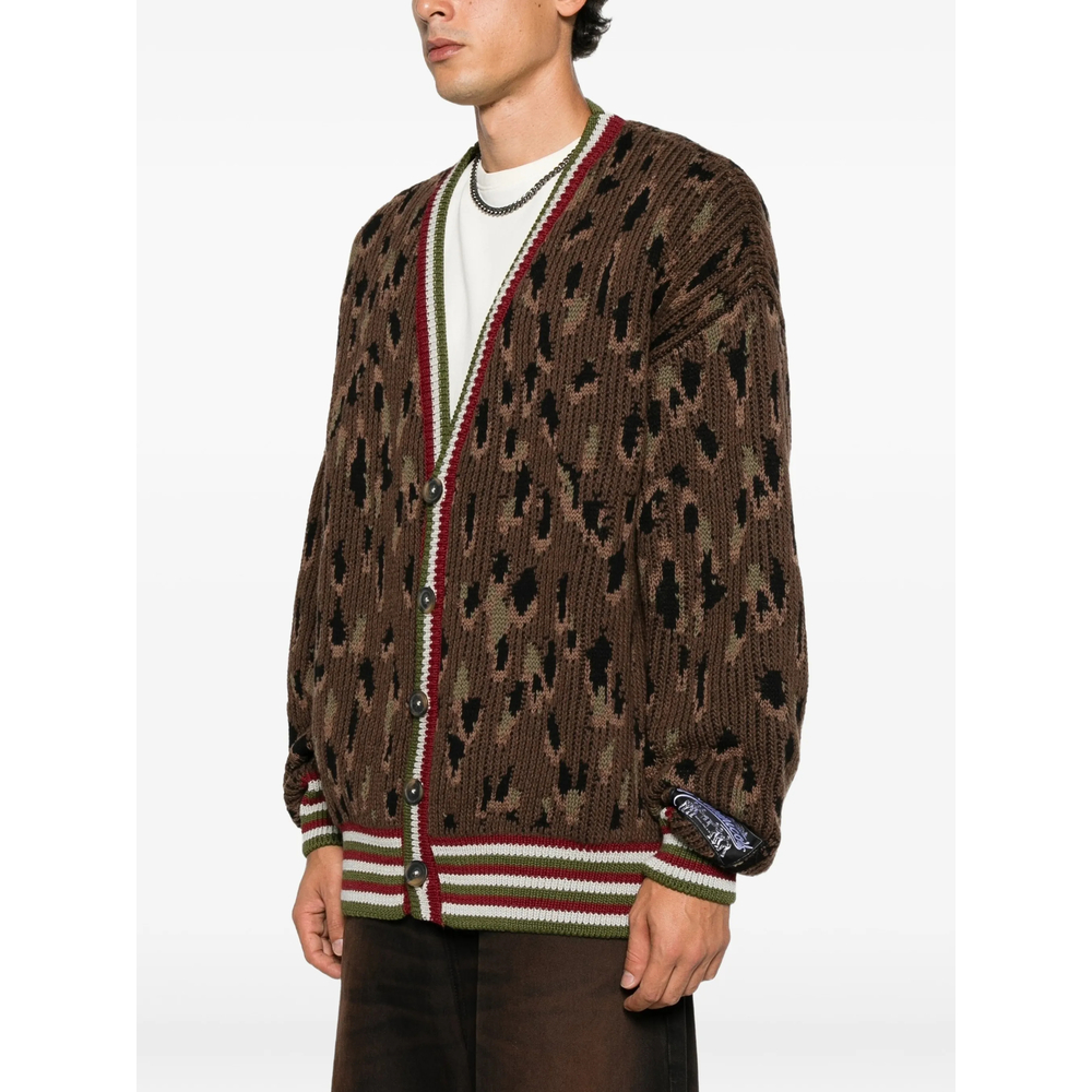 Leopard-Pattern Striped-Trim Cardigan
