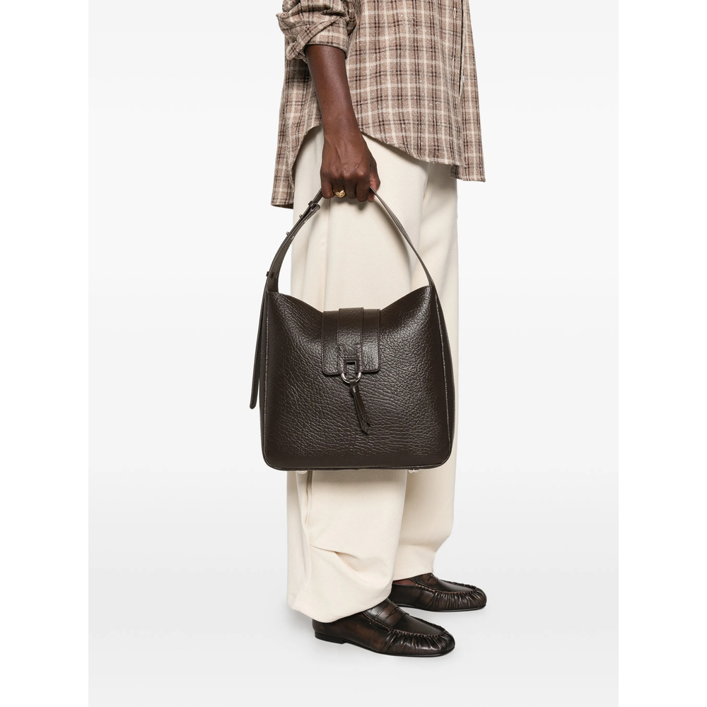 Grained-Leather Buckle-Detail Tote Bag