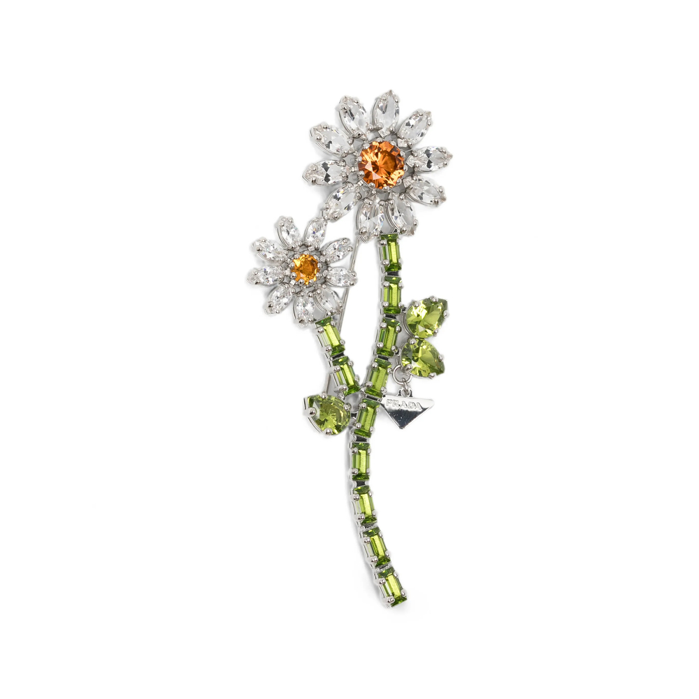 Prada Floral Brooch In Silver/green