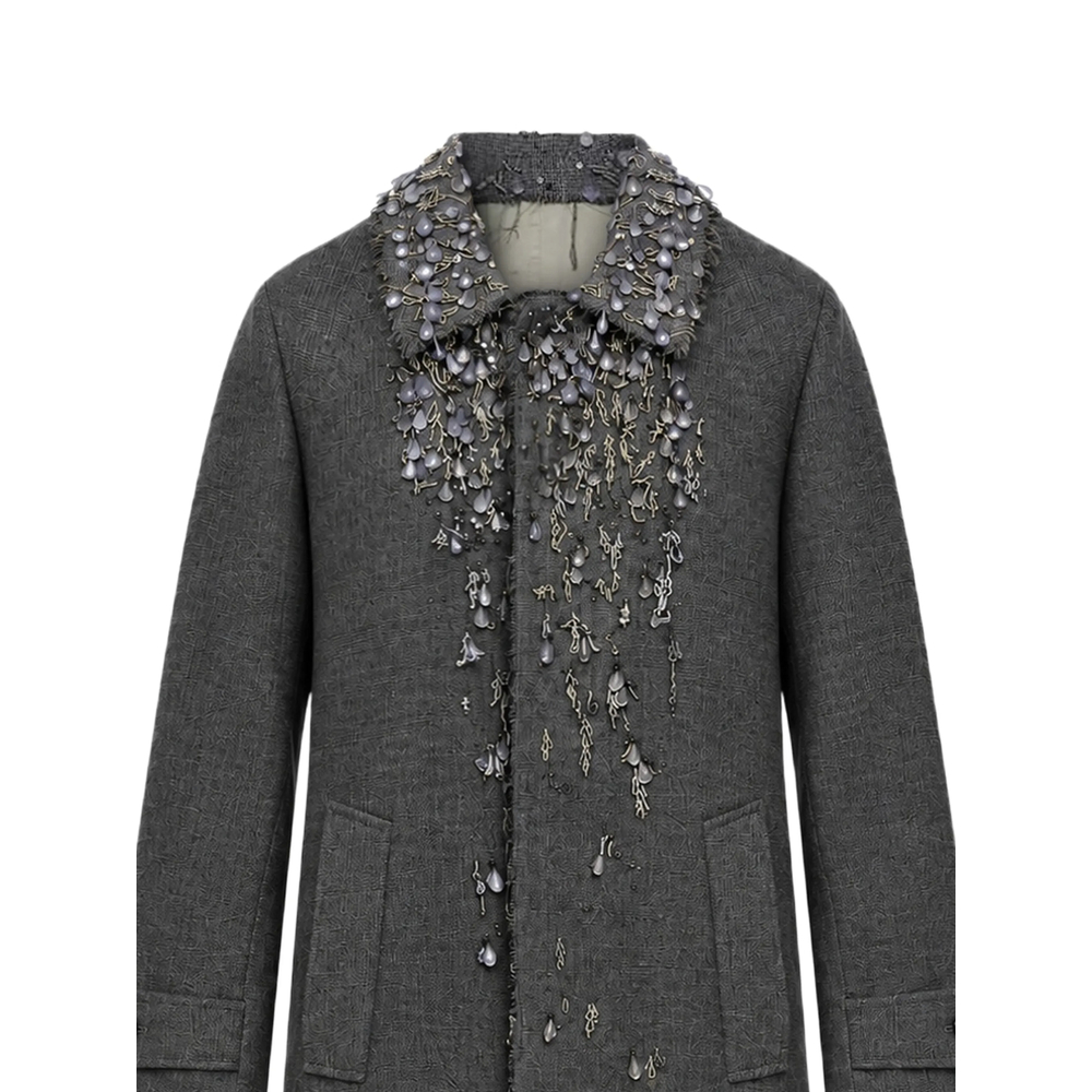 Single-Breasted Mouliné Prince Of Wales Check And Embroidered Twill Coat