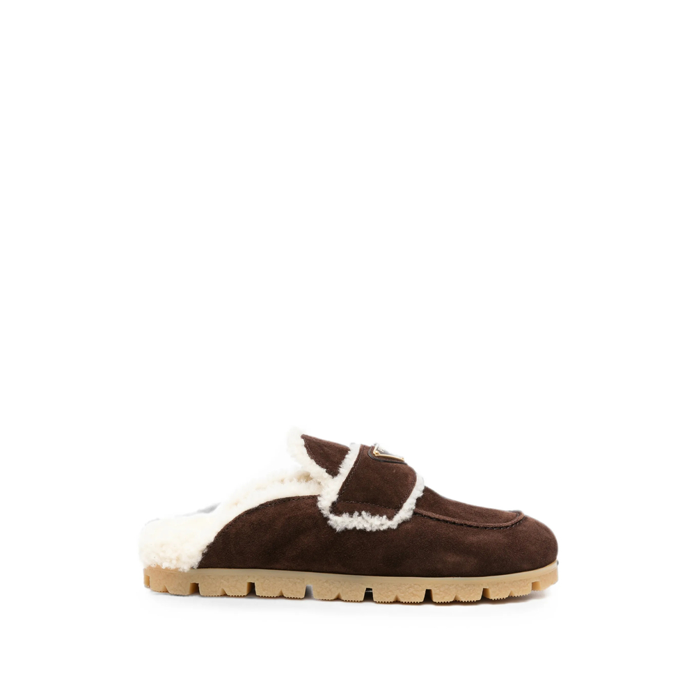 Prada Shearling-trim Logo-plaque Suede Mules