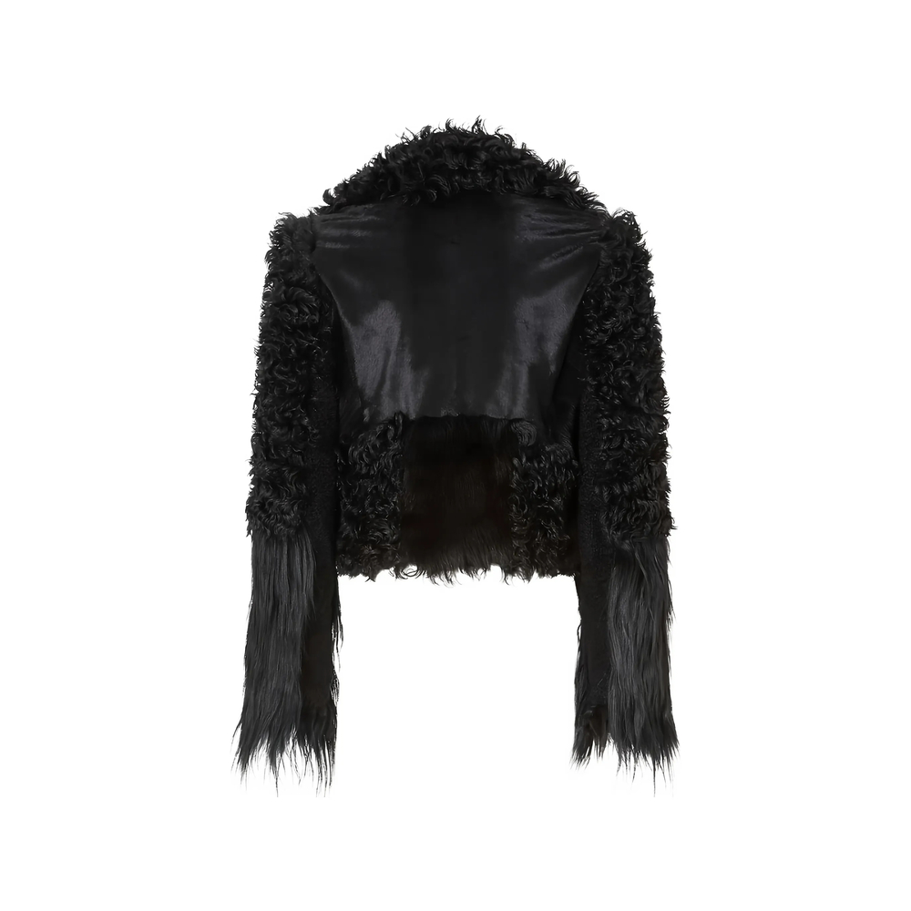 Black Patchwork Shearling Biker Jacket