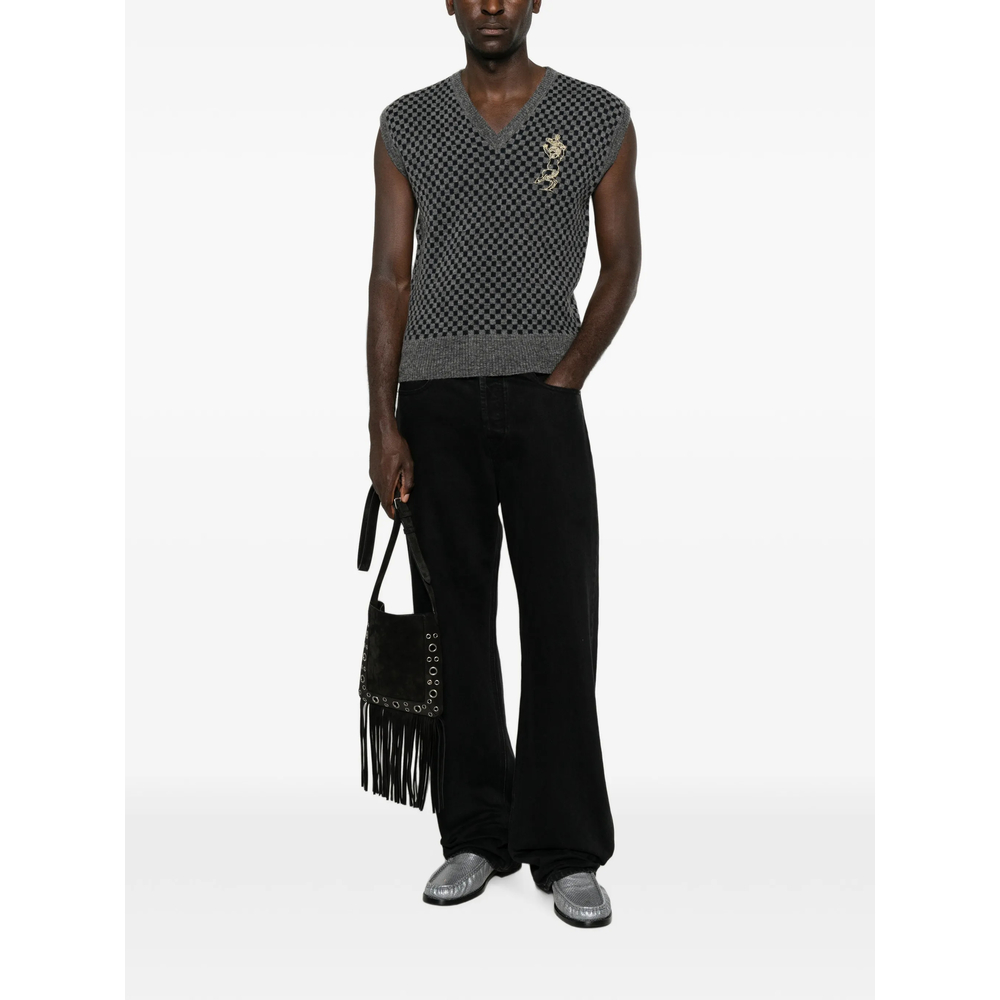 Checkerboard-Knit Orb-Embroidered Sleeveless Sweater