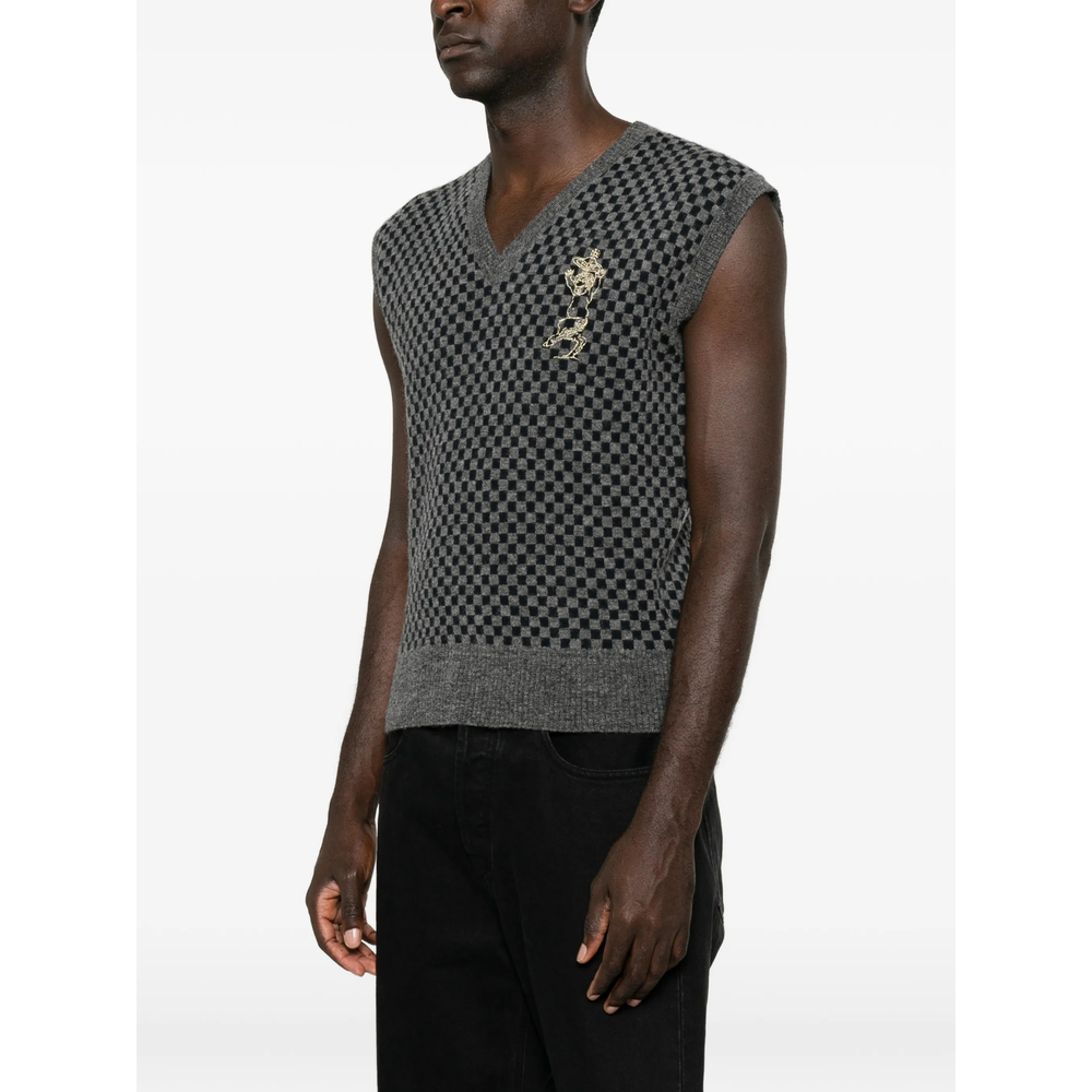 Checkerboard-Knit Orb-Embroidered Sleeveless Sweater
