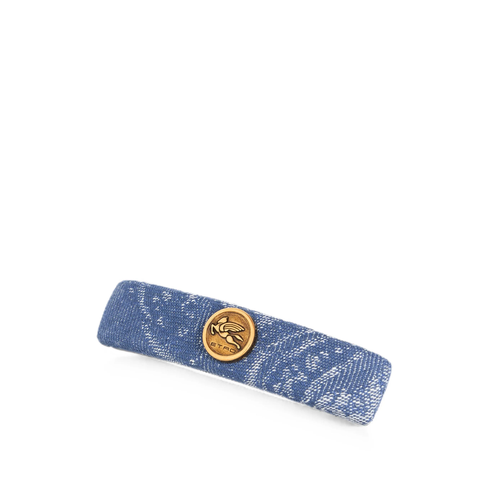 Etro Cotton And Linen Jacquard Denim Hair Clip With Leafy Motif In Blue