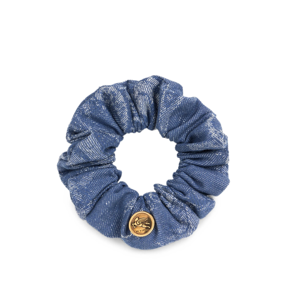 Etro Cotton And Linen Jacquard Denim Scrunchie With Leafy Motif In Blue