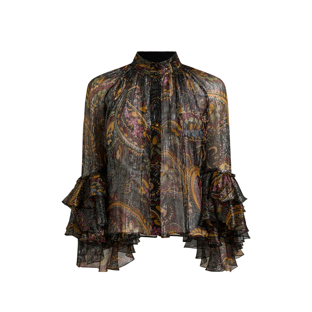 Etro Silk Shirt With Ruffles And Striped Floral Paisley Motif