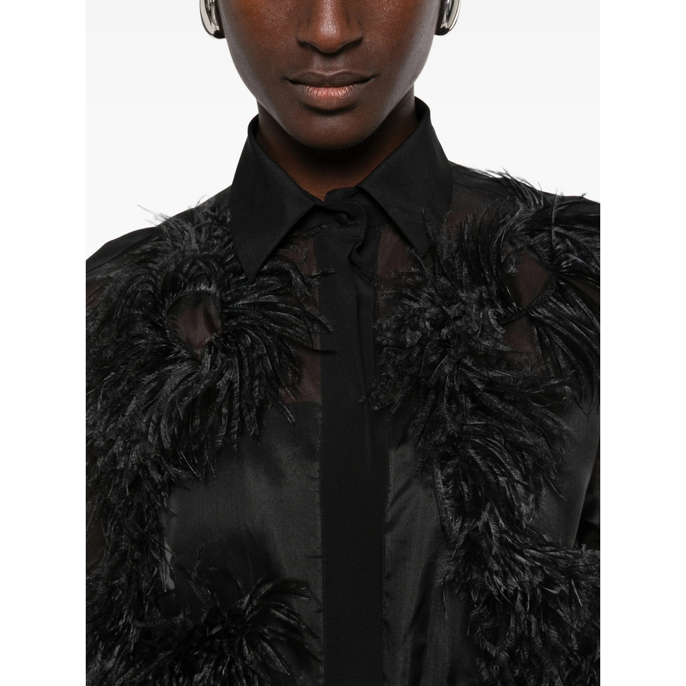 Feather-Trim Sheer Shirt