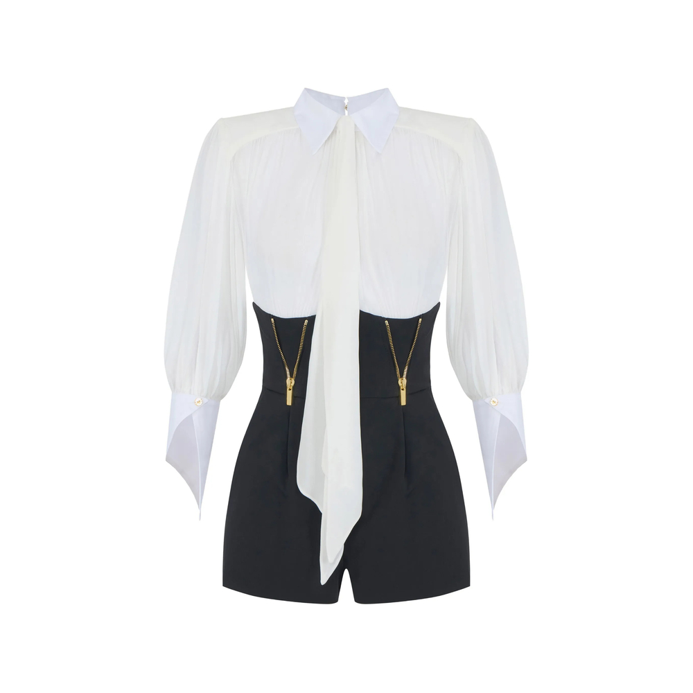 Elisabetta Franchi Romper Suit In Georgette And Technical Fabric In White/black