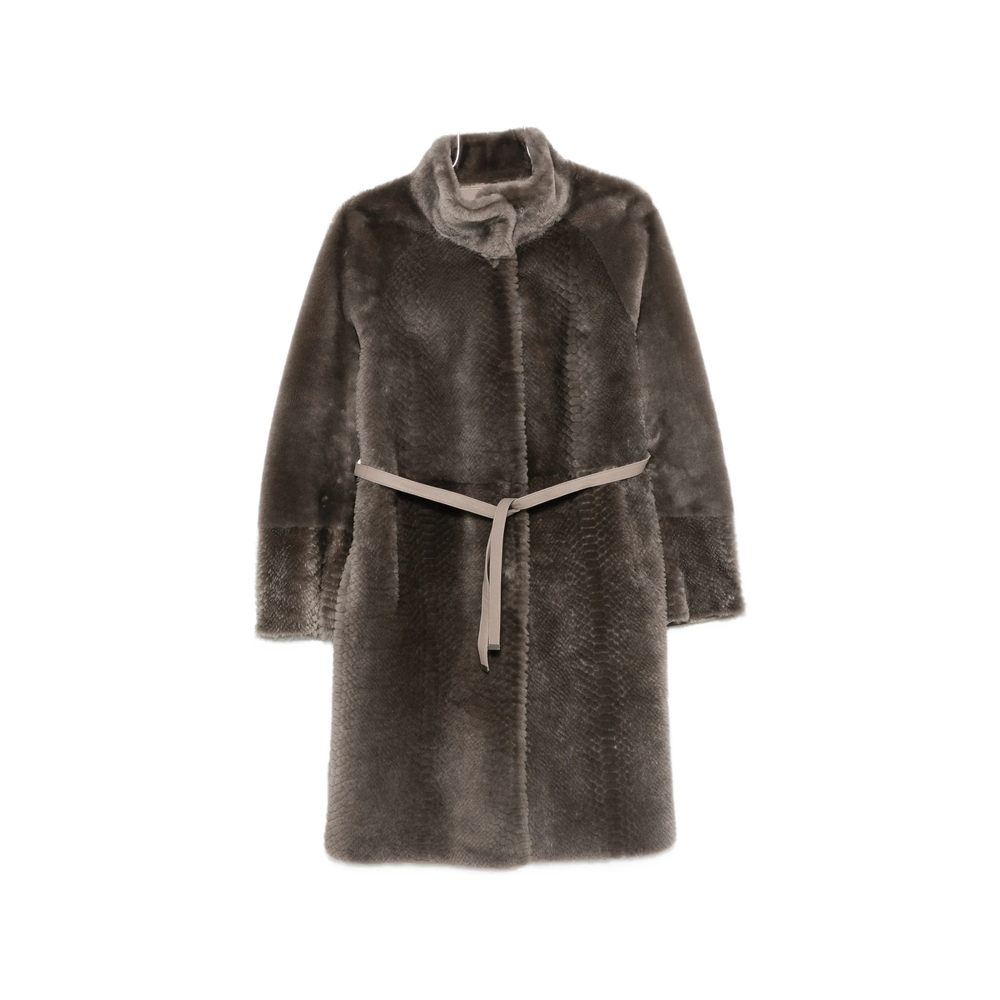 Suprema X Eraldo Belted Snake-effect Coat In Grey