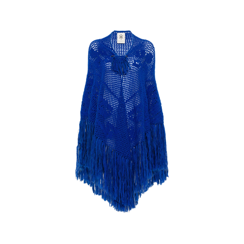 Chiara Is Scialle Coperta Peonia Crochet-knit Fringed Poncho In Blue