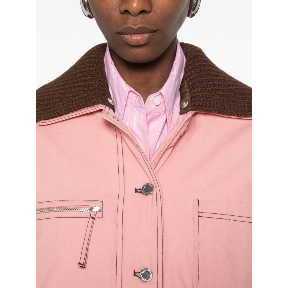 Ribbed-Knit Collar Contrast-Stitch Jacket